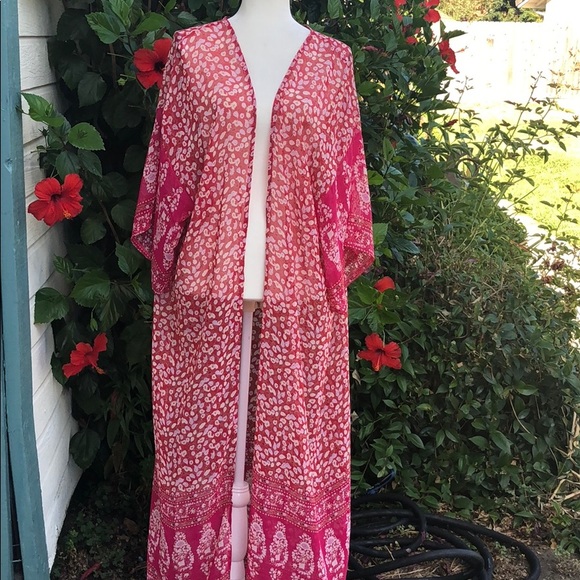Pink Floral Boho Kimono Duster Coverup Robe - Picture 7 of 8